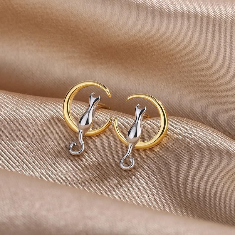coadipress Cat Moon Earrings for Women Funny Cat Earrings Elegant Cat and Moon Stud Earrings Cute Animal Pet Earrings Cartoon Cat Cartilage Stud Earrings Jewelry Gifts - Image 7