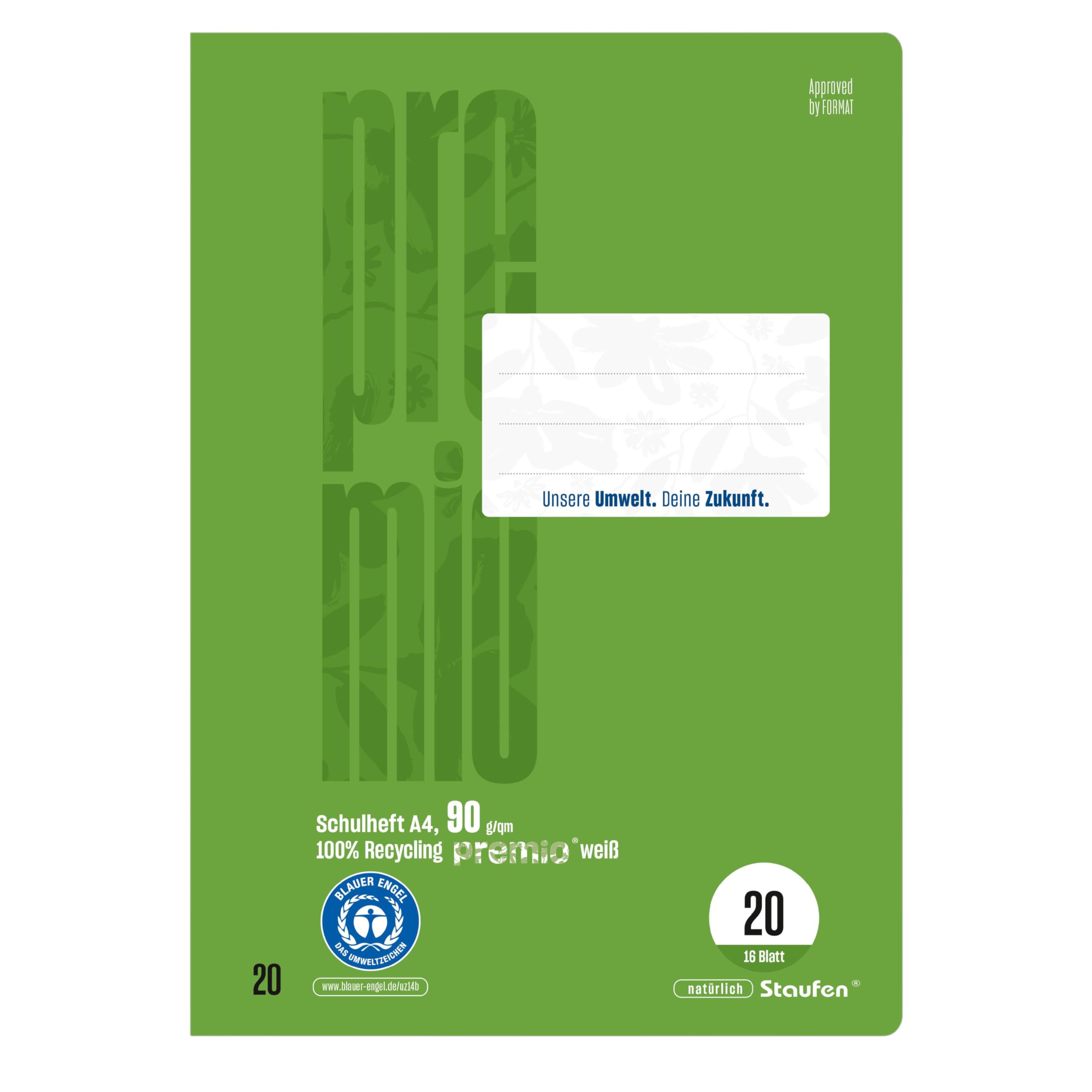 Staufen Green exercise book, DIN A4, ruling style 20 (blank), 4 notebooks, 16 sheets each, 90 g/m² recycled paper, round corners prevent "donkey ears"