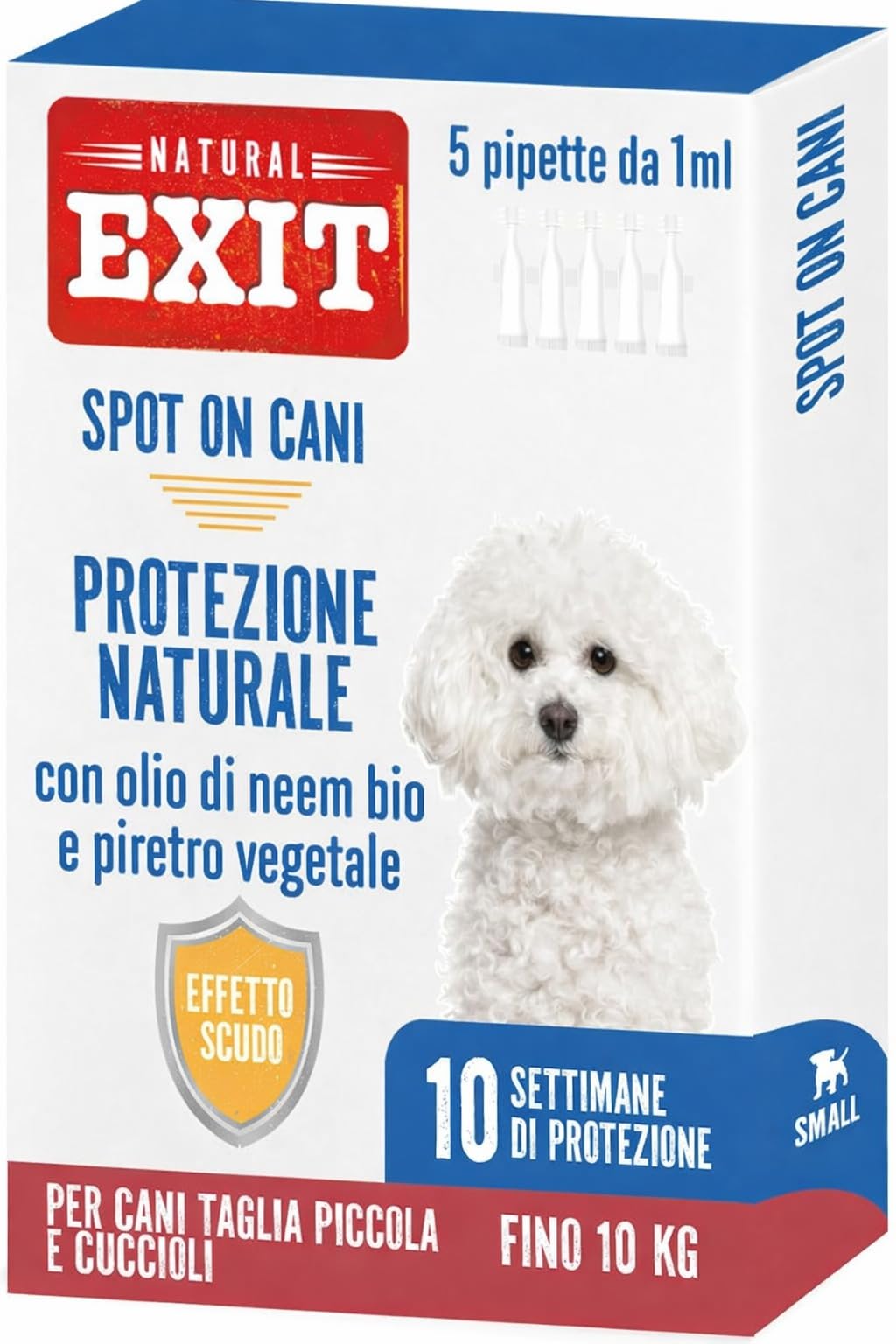 Natural Exit - Spot On Antiparassitario Naturale Per Cani, 5 Pipette Richiudibili Lunga Durata, Protegge Da Pulci, Zecche, Pappataci, Flebotomi e Zanzare (Fino a 10 Kg - Taglia Piccola e Cuccioli)
