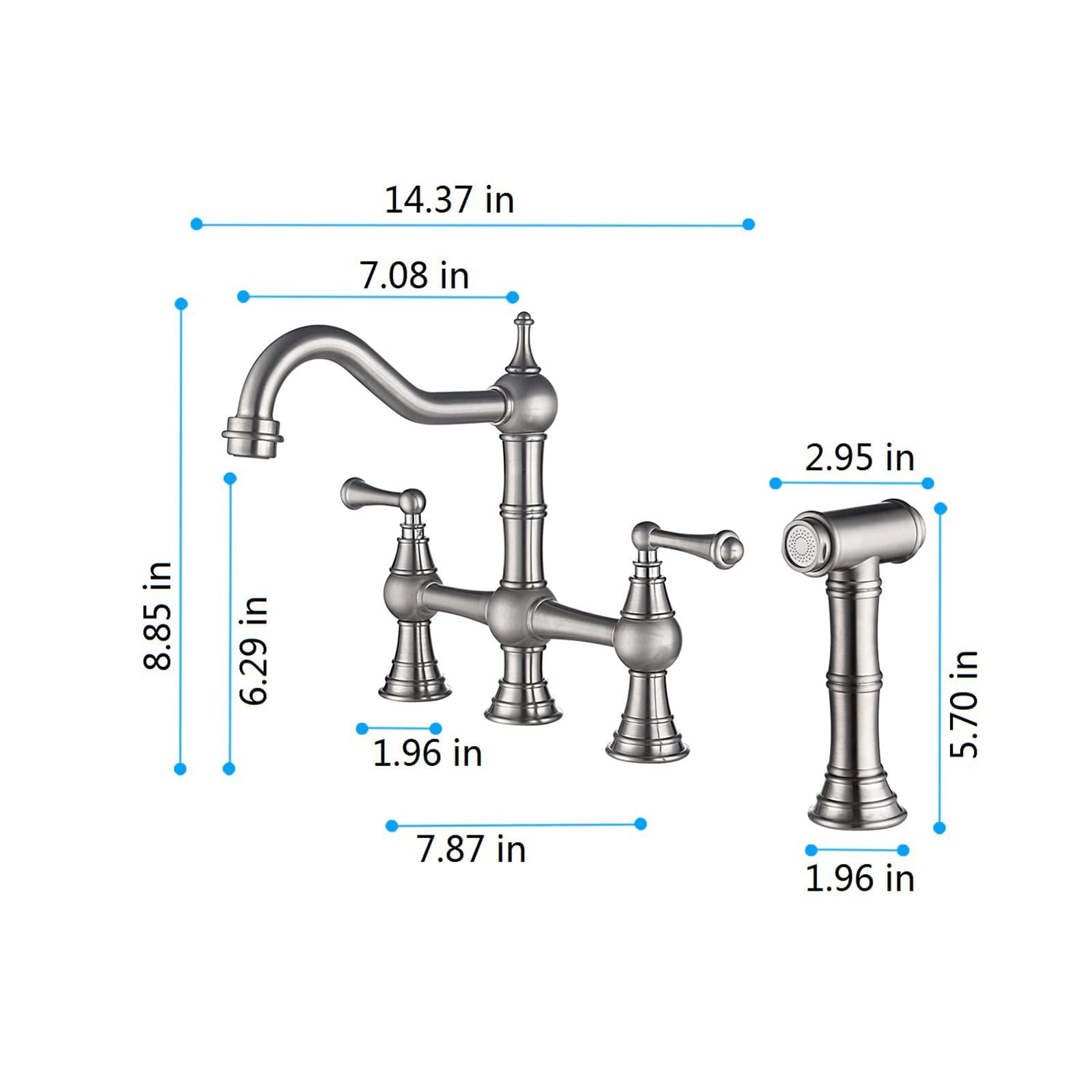 Grifo de cocina de puente de latón de 4 agujeros, 2 asas, pulverizador