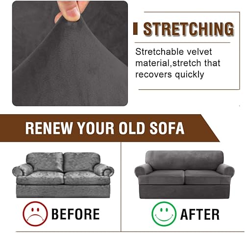 Miniatura 8 de Juego de 3 piezas de funda de sofá de terciopelo con cojín en T, funda elástica para sofás de 2 plazas, incluye 2 fundas de cojín en T, protector