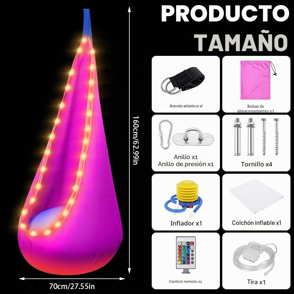 Cueva colgante, asiento de columpio con LED y cojín inflable, asiento colgante con bomba, soporta hasta 80 kg – 70 x 150 cm (rosa)