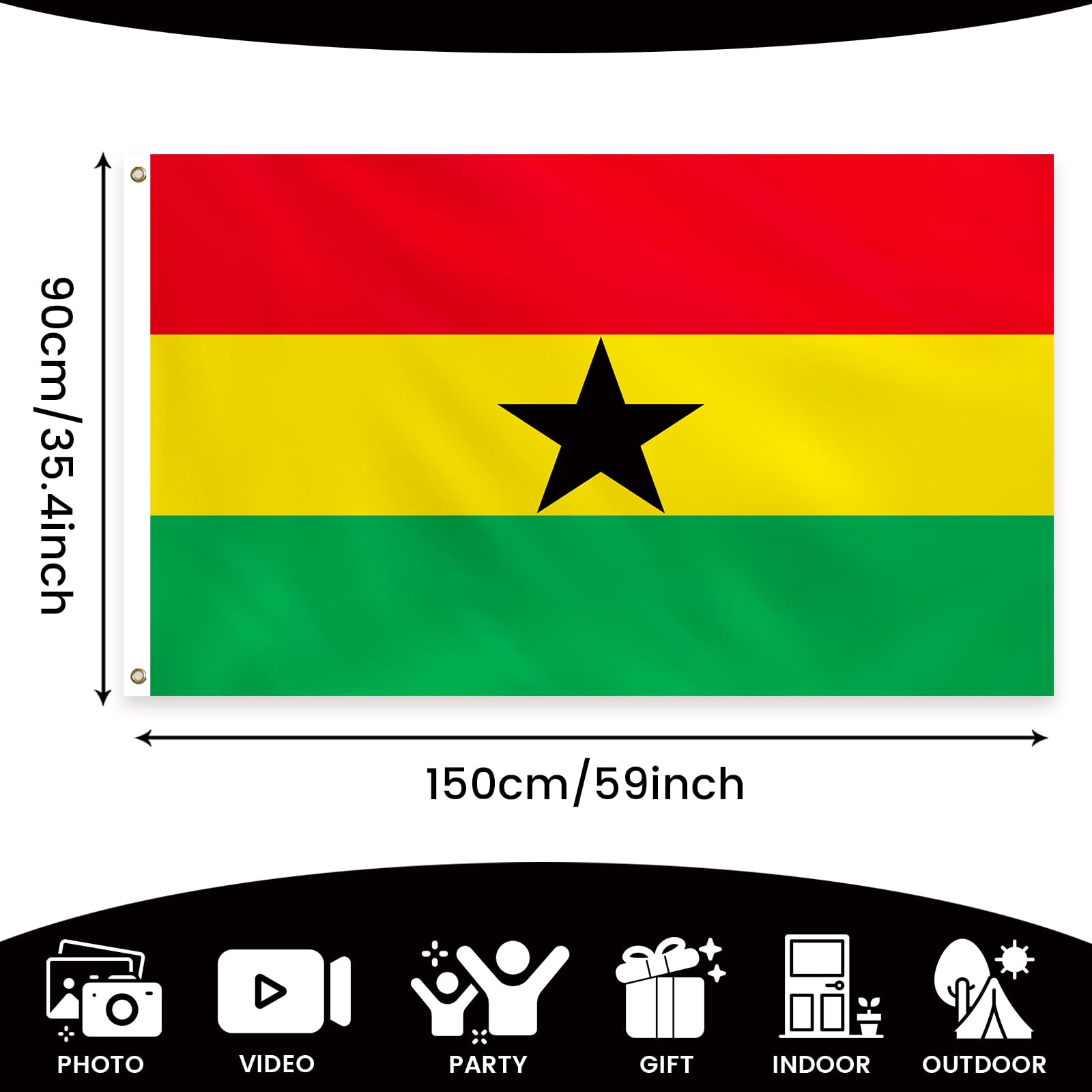 PartyYaa Ghana Flag, 5ft x 3ft Ghana Flag for Party Decorations Single Side with 2 Brass Eyelets, Waterproof - Image 2