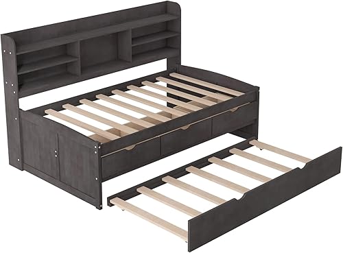 Miniatura 15 de Sofá cama versátil con 3 cajones de almacenamiento y nido, cama capitán de madera de tamaño individual con estantes integrados para sala de estar,