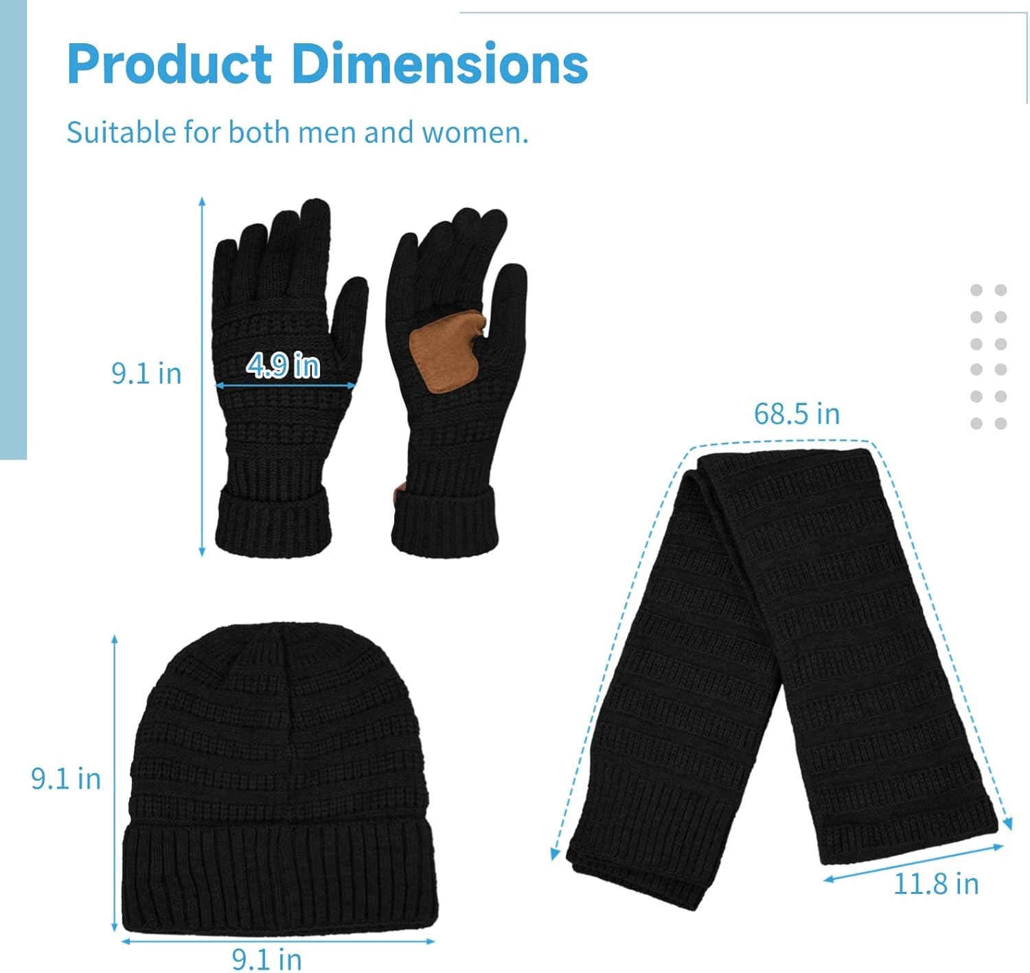 Cold Weather Scarves, Winter Hat Gloves Scarf Set, Knit Beanie Hat with Scarf & Touchscreen Gloves for Men Women, Black - Image 5