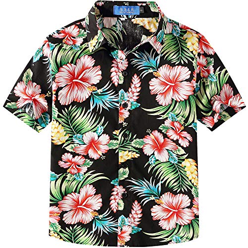 Big Boys Hawaiian Shirt, Kids Hawaiian Shirt, Boys Cotton Beach Shirt Tropical Short Sleeve Button Up Shirts (Medium, Black) #TOP26