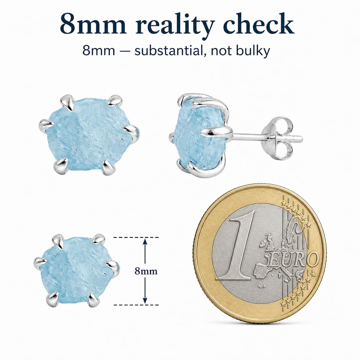 Orecchini a Bottone in Argento Sterling 925 con Acquamarina Grezza Naturale - Pezzo Unico Fatto a Mano con Pietra da 6-8 mm