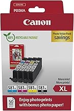 Canon CLI-581XL High Yield Genuine Ink Cartridges, Pack of 4 (Black, Cyan, Magenta, Yellow); Includes 50 Sheets of 4x6 Canon Photo Paper - Cardboard Multipack