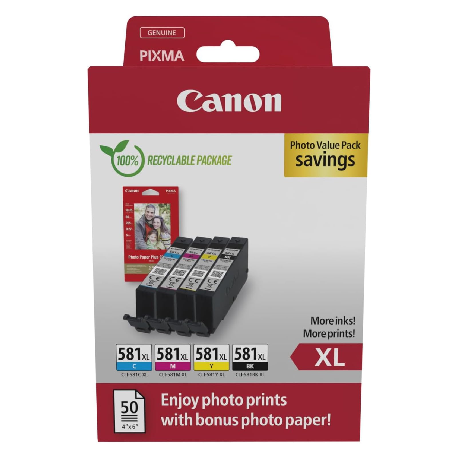 Canon CLI-581 XL C M Y BK Vorteilspack 4 Tintenpatronen größere Reichweite (Schwarz, Cyan, Magenta, Gelb) Original [Umweltfreundliche Recycle-Kartonverpackung 2024]