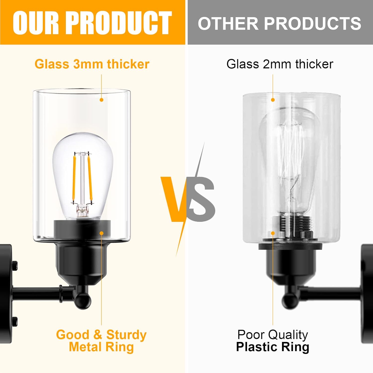 Mshamy 2-Light Bathroom Vanity Light Fixtures, Rustic Industrial Black Sconces Wall Lighting with Durable Glass Shade, Wall Lights for Living Room, Bedroom, Farmhouse, Hallway, Mirror, E26 Base - - 