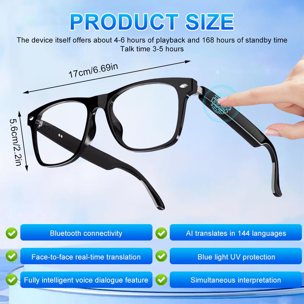 Lunettes intelligentes, AI Bluetooth, lunettes de traduction AI 144 langues, prise en charge des appels audio Bluetooth 5.4, dialogue, écoute de chansons, lentille de protection UV