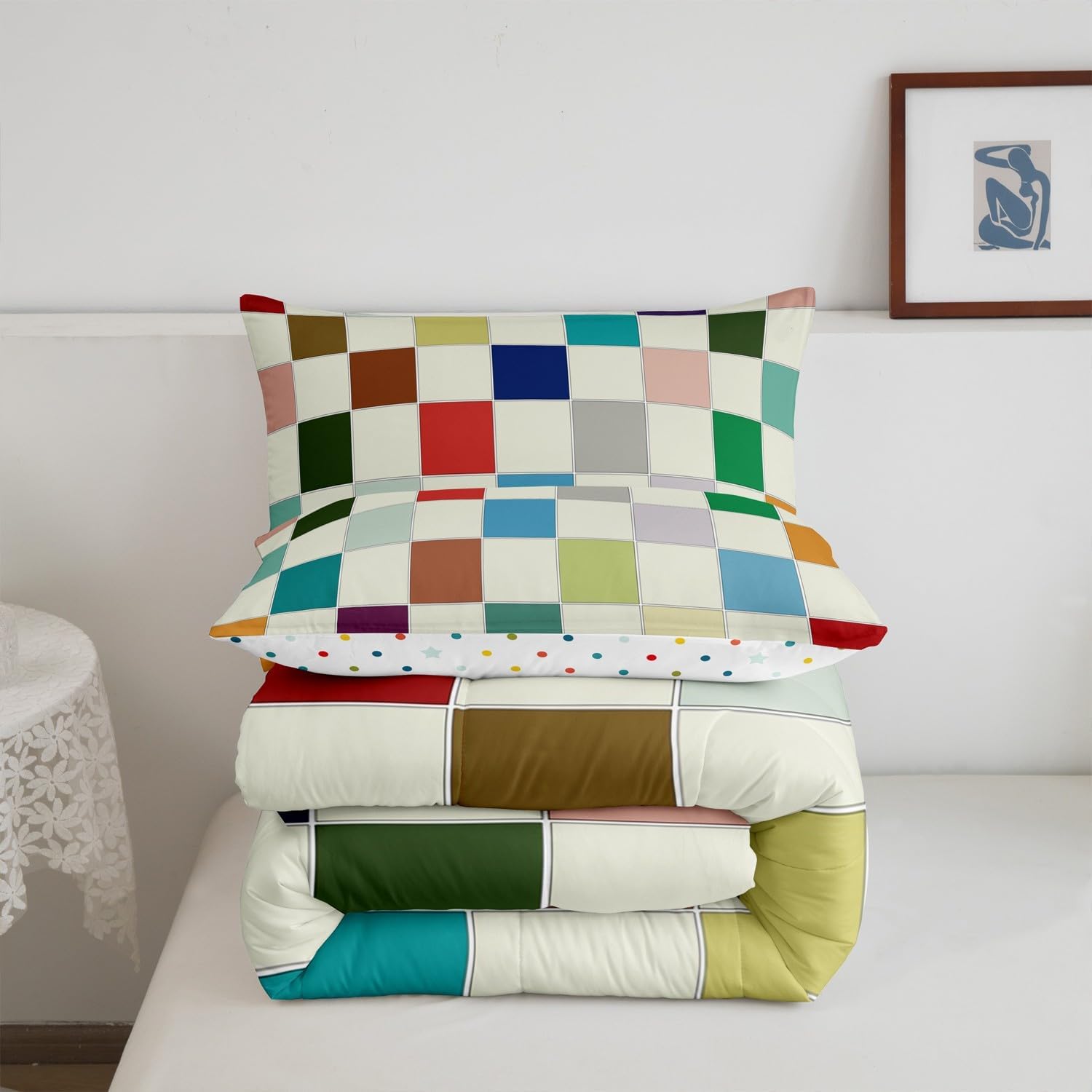Erosebridal Kids Rainbow Checkered Comforter Set Twin Colorful Plaid Grids Bedding Set Funky Checkerboard Quilt Set for Boys Girls Teen Geometric Gingham Duvet Set Modern Aesthetic Room Decor