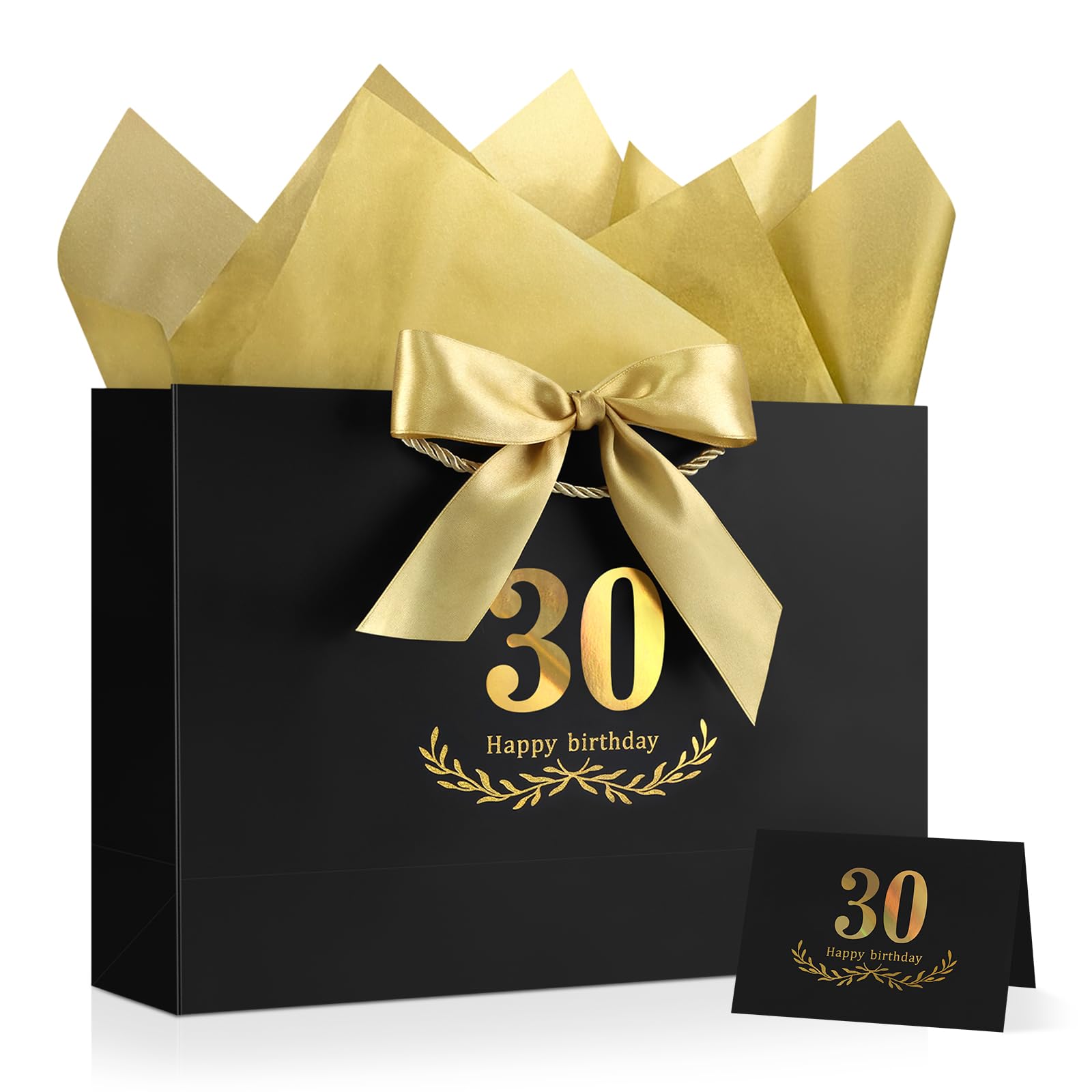 JMANNI 30th Birthday Gift Bag – 32 x 22 x 11 cm, Happy 30th Birthday Gifts for Men Includes 1 Greeting Card & 2 Tissue Papers, Luxury Black Medium Birthday Bag for Present Men Women Party Anniversary