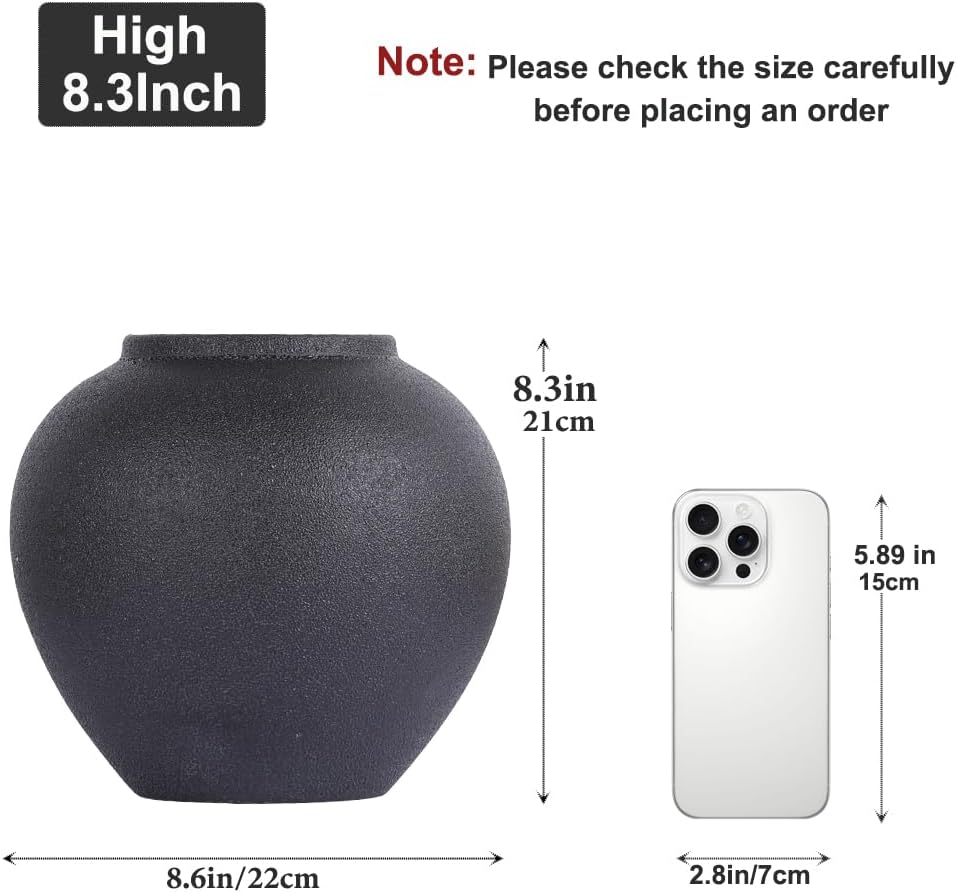 Rustic Ceramic Vase, 8.3" Black Farmhouse Tall Vase, Vintage Vases, Modern Terracotta Decor Vases for Home Decor, Living Room, Entryway, Table Centerpieces, Shelf, Kitchen, Housewarming Gifts Black 8.3in