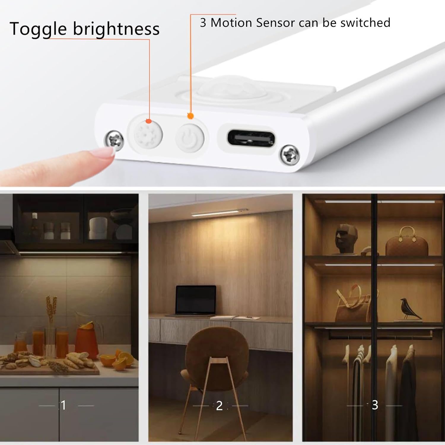 54LED Under Cabinet Lighting Wireless for Kitchen Bedroom Dorm Stairs Hallway,Rechargeable Magnetic Under Cabinet Lights Motion Sensor with 3 Dimmable Setup and Modes,Easily Install,11.8inch(2Pack)