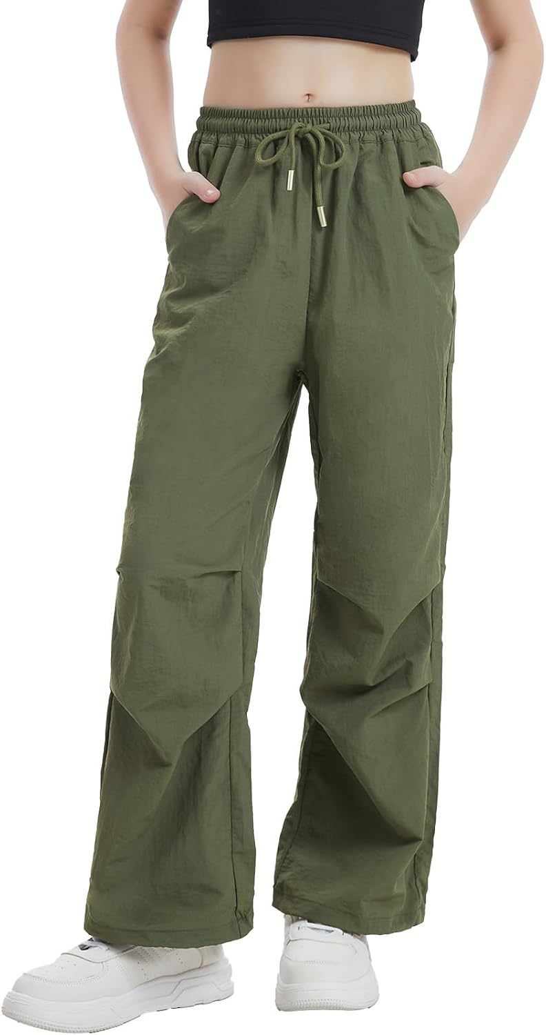 Hvididan Girls Parachute Cargo Pants Drawstring Waterproof Causal Hiking Pants for Girls Pockets Lightweight Running Joggers