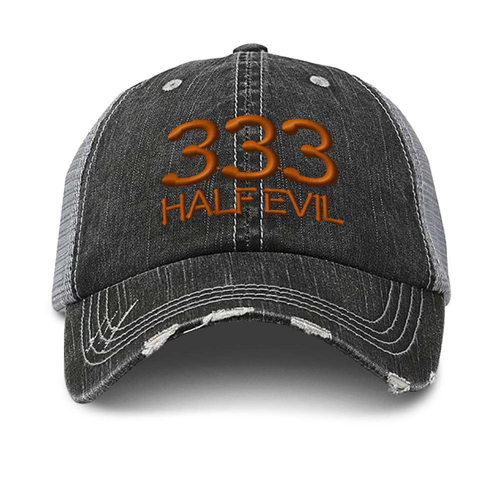 Distressed Trucker Hat 333 Half Evil B Embroidery for Men & Women Black Gray