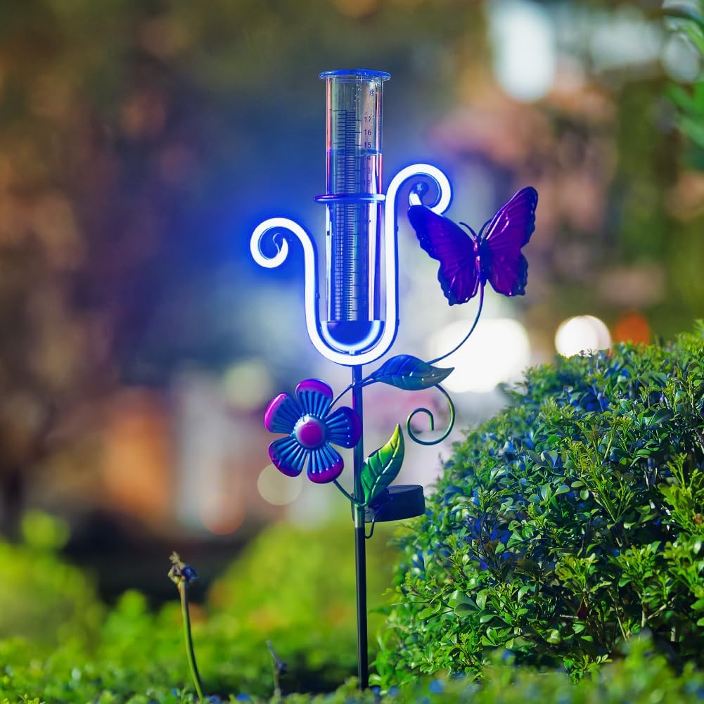 Stargarden Rain Gauge Outdoor, Solar Powered Rain Gauge, 7" Tube Butterfly Rain Measure Tool with Metal Stake, Decorative Rain Measure Gauge for Yard, Lawn, Garden