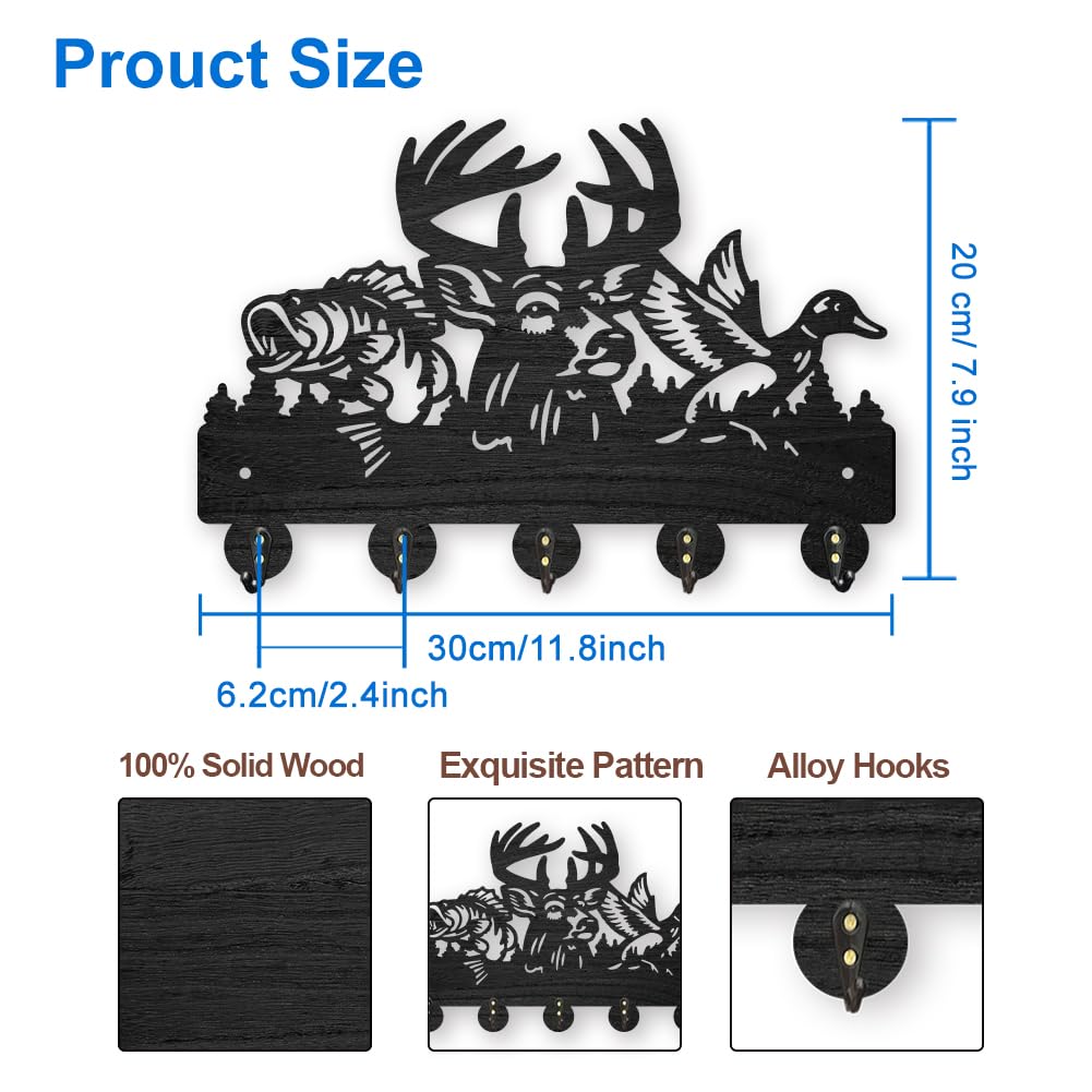 Porte-clés Mural Viking En Bois - 30x20 Cm, 5 Crochets En Alliage, Pour Entrée, Bureau Ou Décoration (noir) - 6
