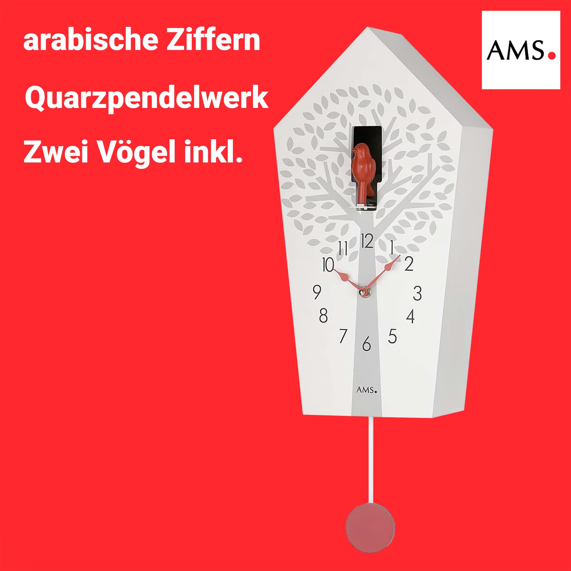 AMS 7286 Wanduhr - Moderne Kuckucksuhr mit Vogelgesang, Quarzpendelwerk, Nachtabschaltung, weiß lackiertes Holzgehäuse, Zwei Deko-Vögel inklusive, Maße: 20 x 39 x 11 cm, Gesamthöhe 51,5 cm