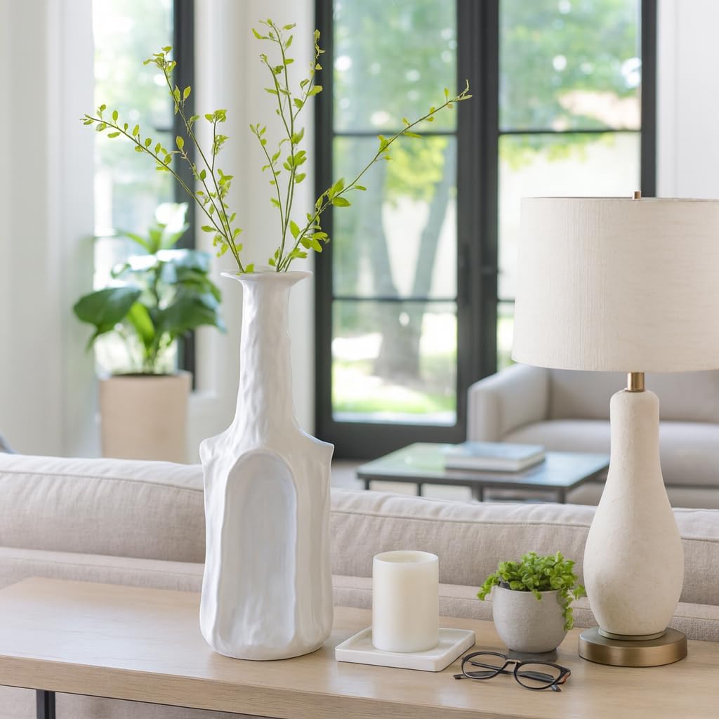 Ceramic Flower Vase for Living Room Decor – Unique Tall Decorative Vase with Artistic Curved Design for Fresh Flowers and Pampas Grass – Elegant Home Decor for Bedroom, Table, and Office – 22" White