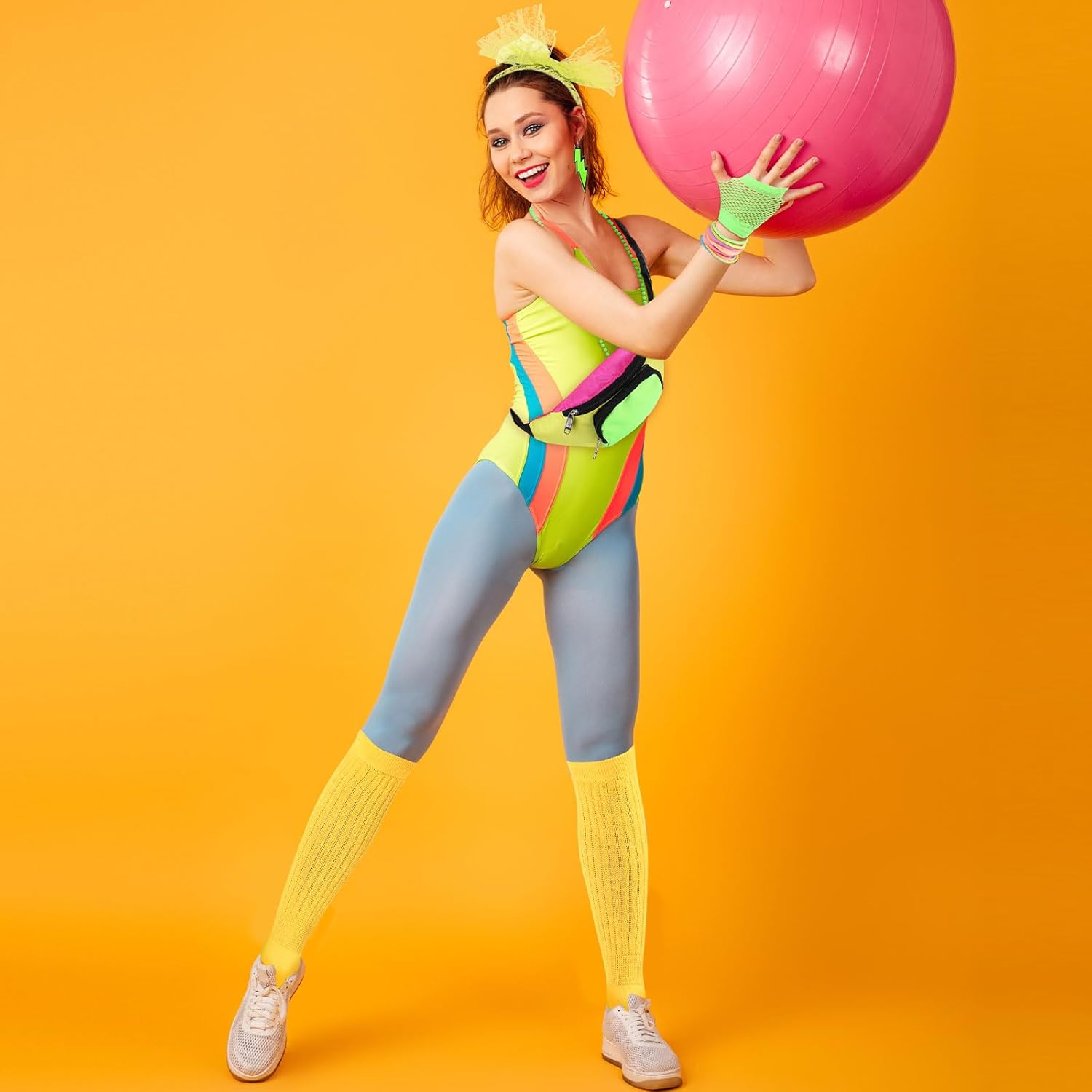 Handepo 19 Pcs 80s Costume Accessories Set Neon Retro 80s Fanny Pack Hairband Fishnet Gloves Bracelet Earrings Necklace Socks - Image 2