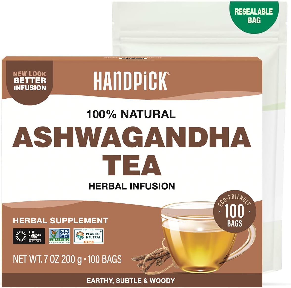 Ashwagandha Root Tea (100 tea Bags) | Caffeine Free, Gluten Free | Packed in Ecofriendly Tea Bags