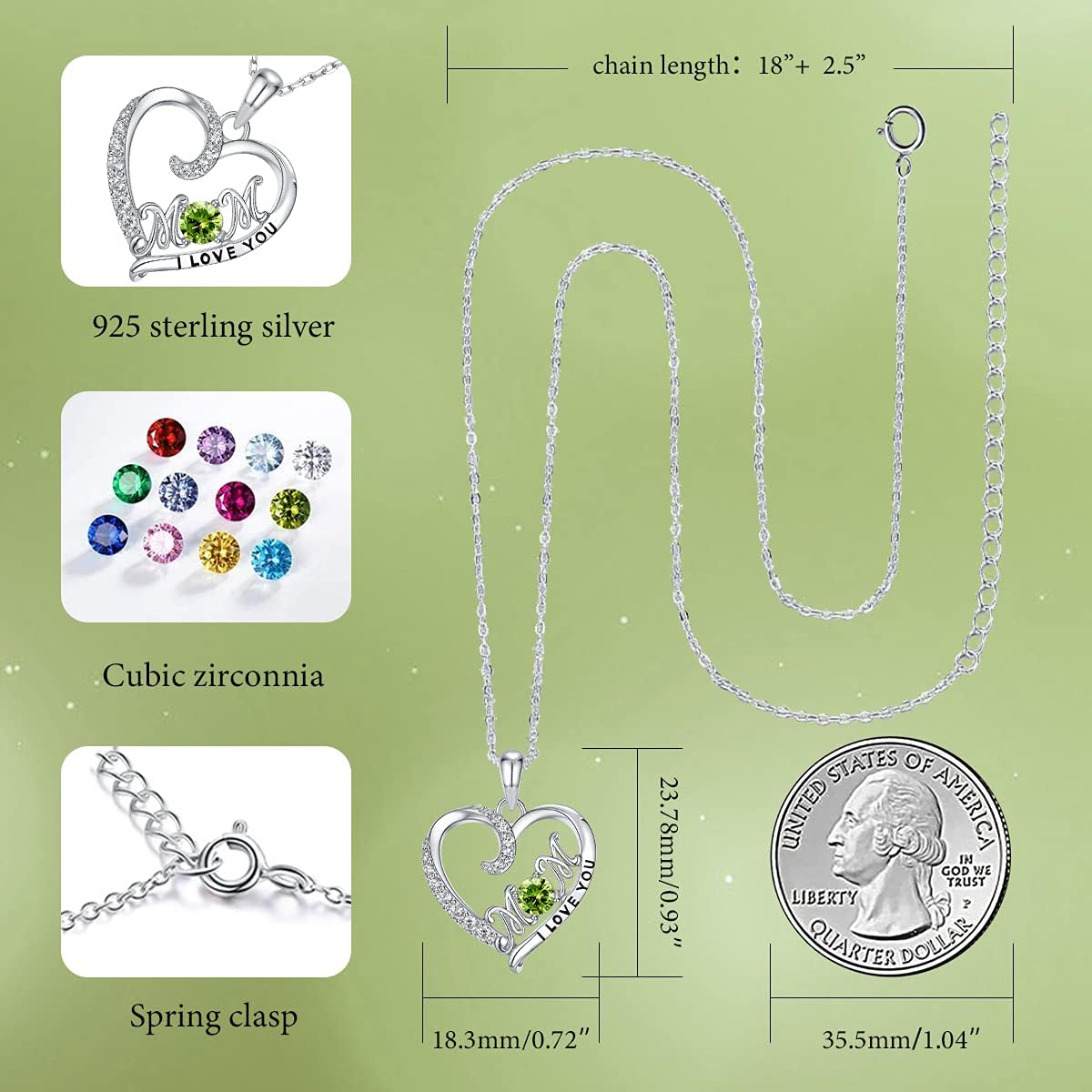 Love Heart 925 Sterling Silver Necklace, Gold Plated Birthstone Pendant Mom Necklaces with Cubic Zirconia for Mother Women