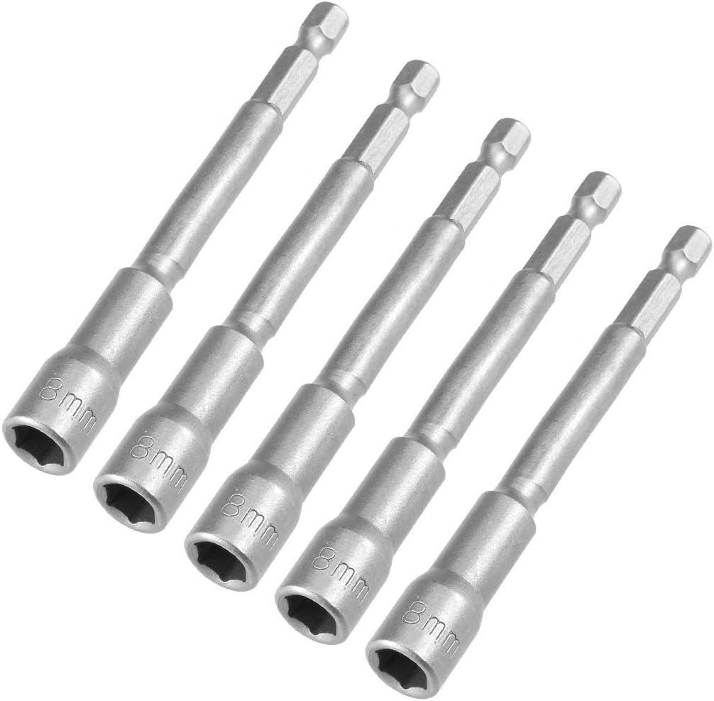 Sourcingmap 5 Pcs 1/4" Quick-Change Hex Shank 8mm Nut Setter Driver Drill Bit, 100mm Length, Metric No-Magnetic