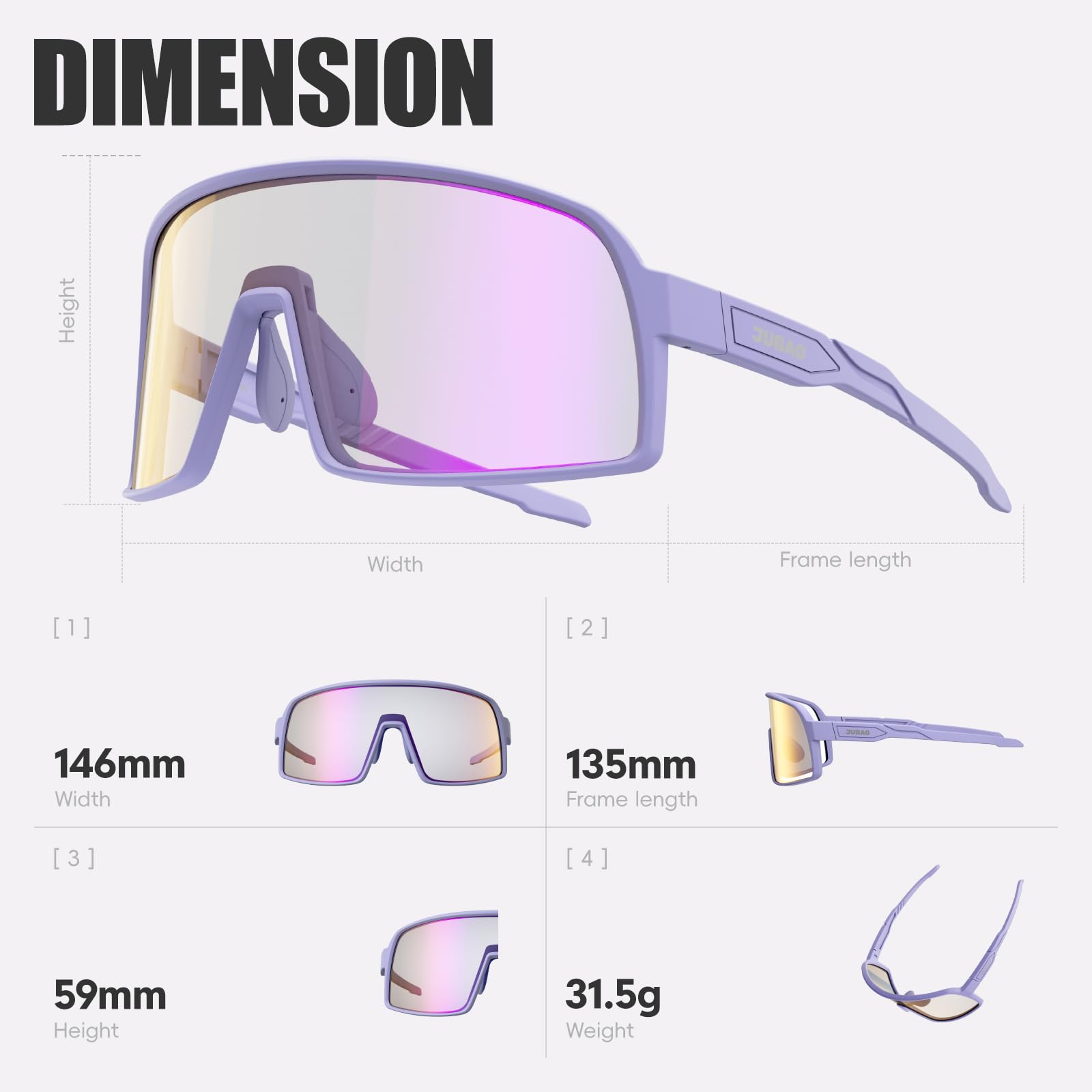 JUBAO Occhiali da ciclismo fotocromatici per uomo e donna, montatura infrangibile TR90, occhiali da sole sportivi trasparenti, protezione UV400, per ciclismo, corsa, golf