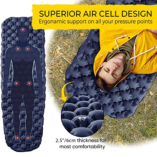 Wellax Ultralight Air Sleeping Pad - Inflatable Camping Mat For Backpacking, Traveling And Hiking Air Cell Design For Better Stability & Support -Plus Repair Kit - Blue #TOP3