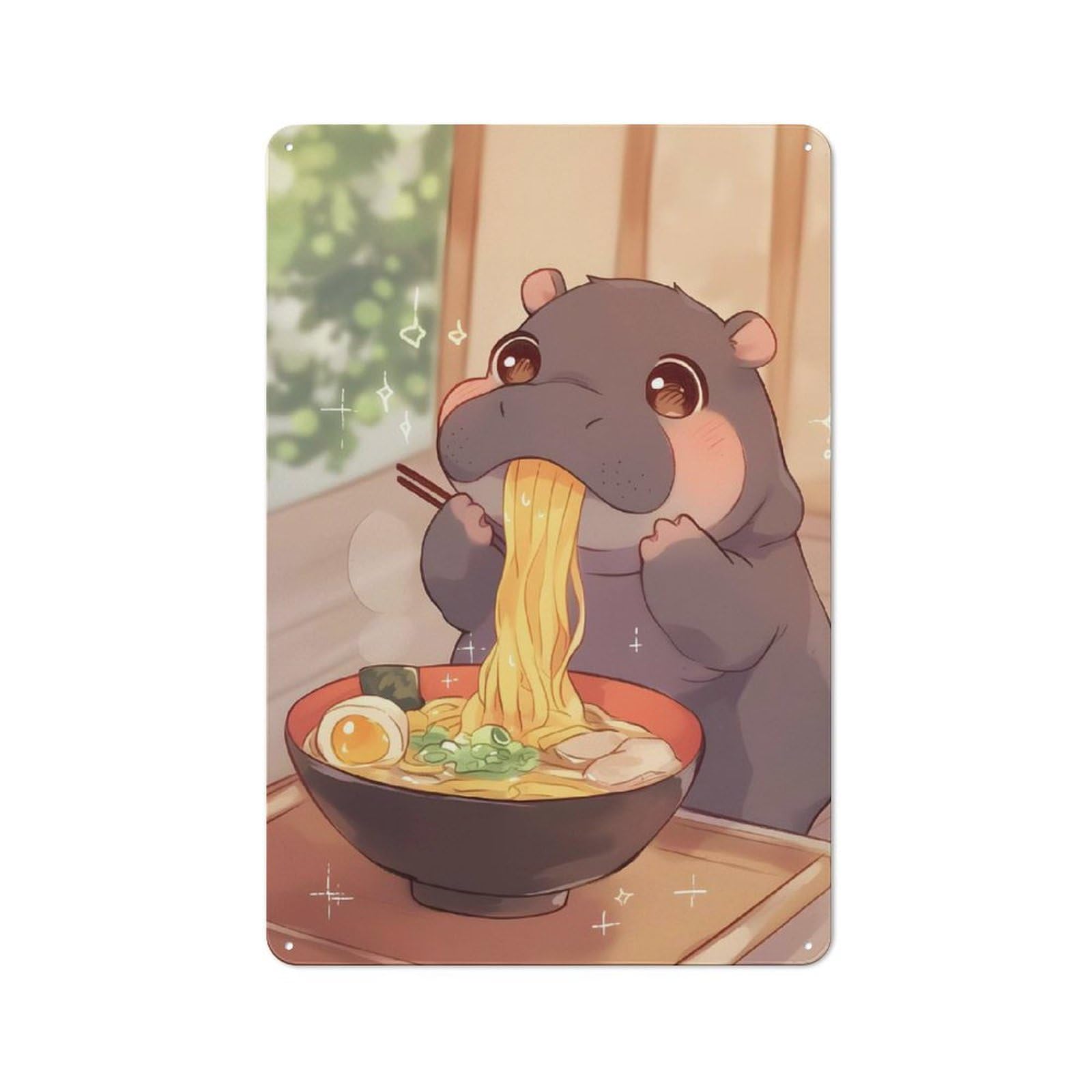 Cute Hippo Eating Ramen Illustration Retro Tin Sign 30x20cm for Living Room Or Hallway, for Cooler-season Styling in Living Room And Hallway