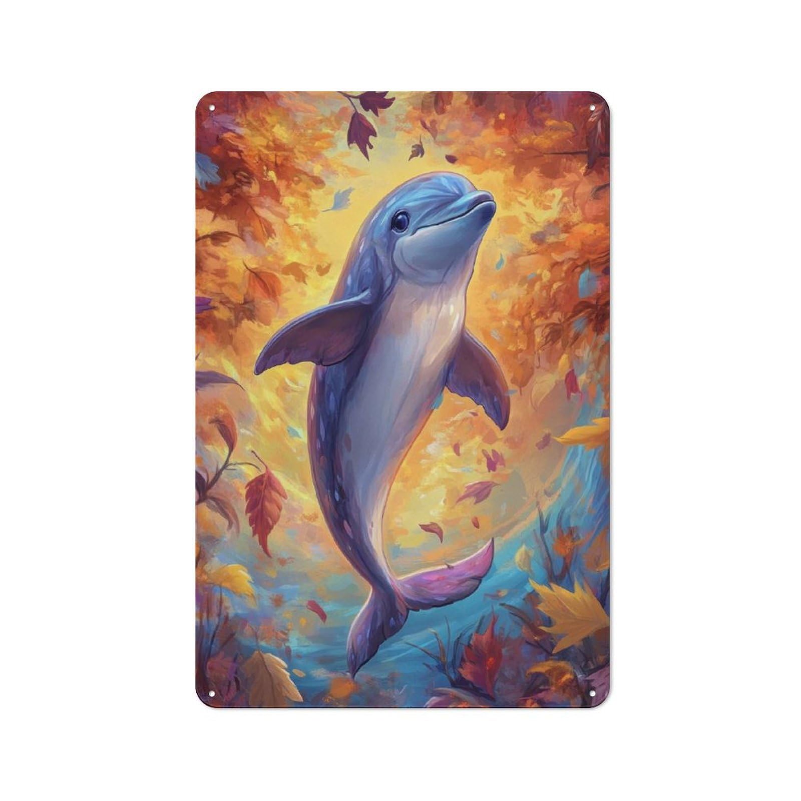 Junmoney Dolphin In Autumn Leaves Vintage Vintage Metal Sign 30X20cm Featuring Room Wall Plaque For Flat, Dorm Room, Lounge Or Cafe