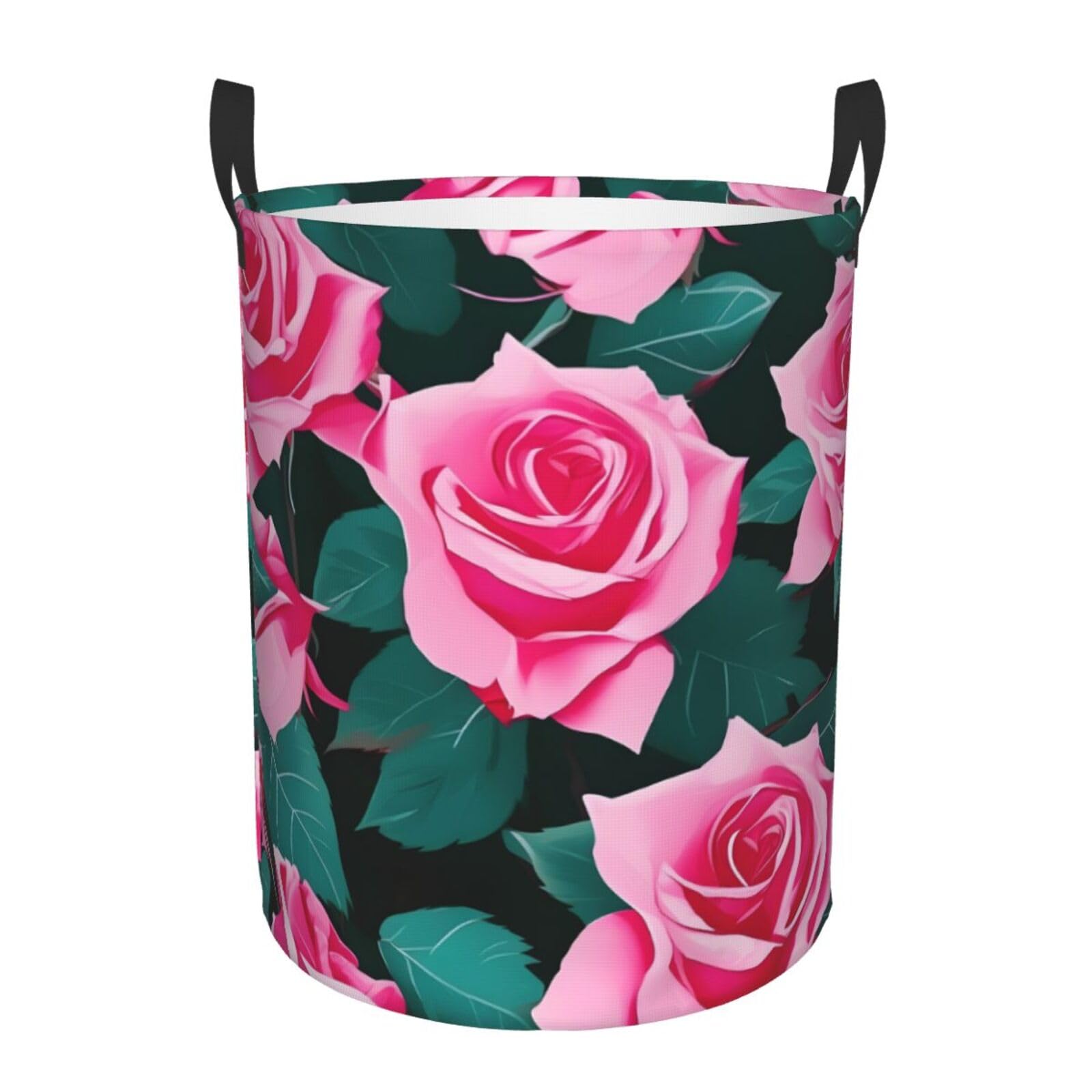 M Collapsible Round Pink Roses Picture Print Laundry Hamper