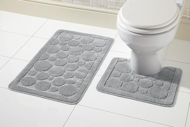 Olivia Rocco® Cali Bubbles 2 Piece Bath Mat & Pedestal Set, Non Slip Bathroom Set (Silver)