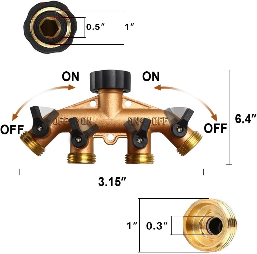 Onebom Hose Splitter 3/4 Inch, Solid Brass Pipe Connector,Garden Hose Distributor Heavy Duty (4 Way)