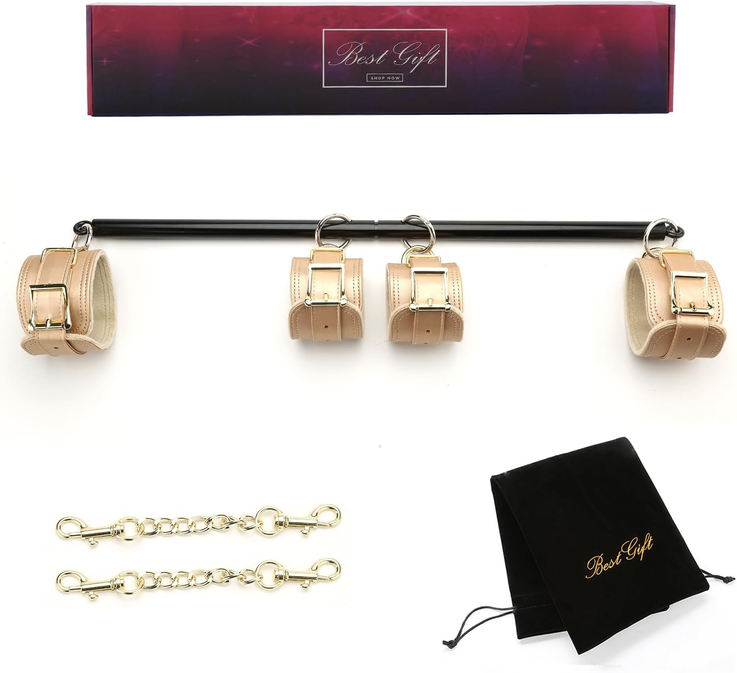 Spreader Bar Expandable Exercise Bar with 4 pcs Leather Adjustable Straps, Yoga Training Fitness Gear, Workout Bar