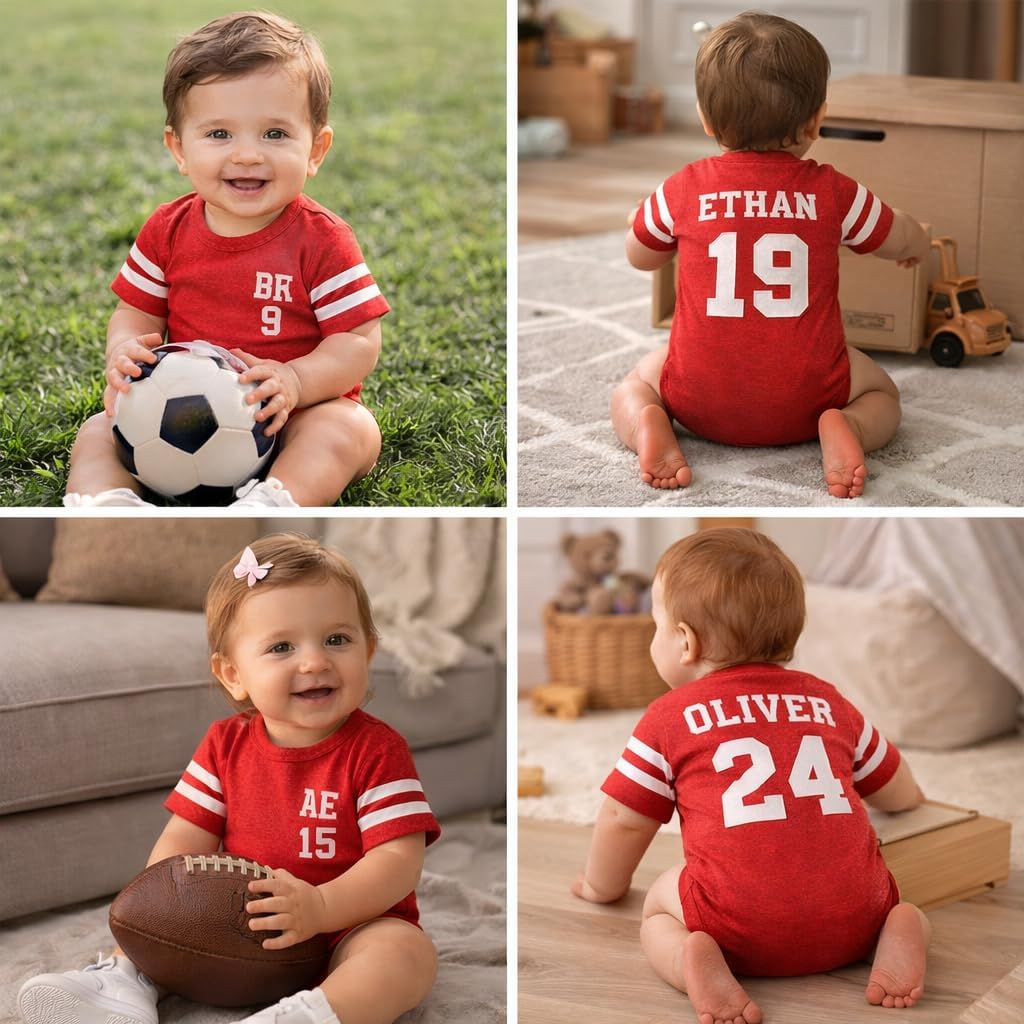 Cute Infant Football Fine Personalized Jersey Baby Bodysuit with Contrasting Sleeve Stripes