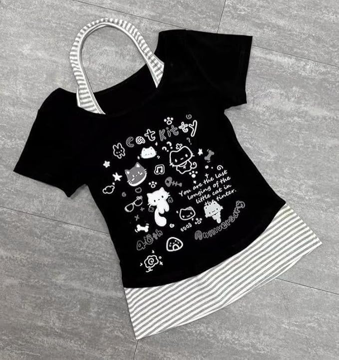 Image of Kawaii Cutecore Harajuku Y2k 2000s Tops Summer Preppy Aesthetic Alt Goth Emo Short Sleeve Graphic Tees