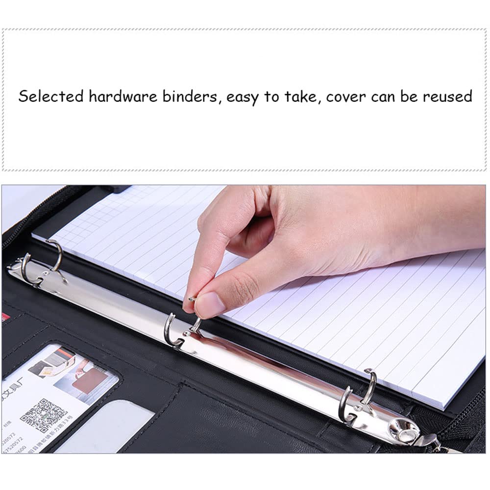 Cartella per conferenze Portatile con Cerniera e Manico Raccoglitore per Portfolio A4, Raccoglitore ad Anelli, Organizer per Documenti per riprendere L'Ufficio, Custodia in Pelle vegana con Blocco n