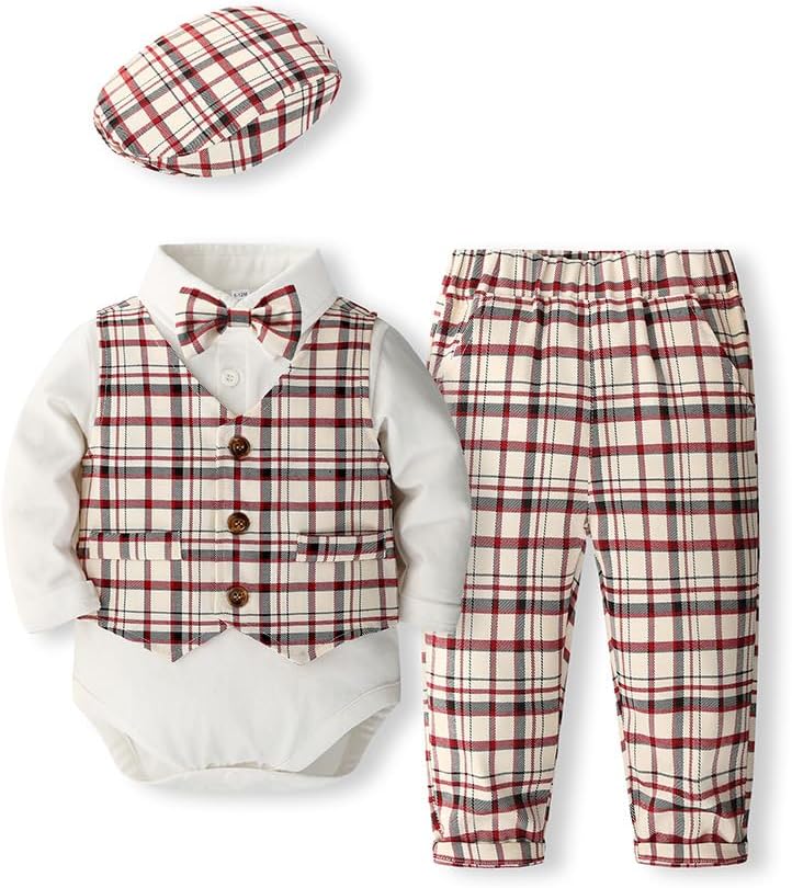 5pcs Baby Boys Suit, Bodysuit+Pants+Vest+Hat+Bow Tie, Baptism Wedding Sets for 12 Months -3T