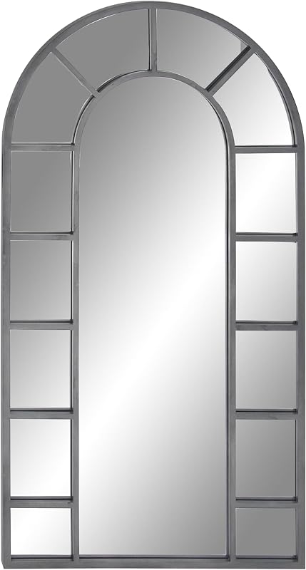 Metal Room Wall Mirror Window Pane Inspired Entryway Mirror with Arched Top, Wall Mounted Mirror 32" x 1" x 60", Black