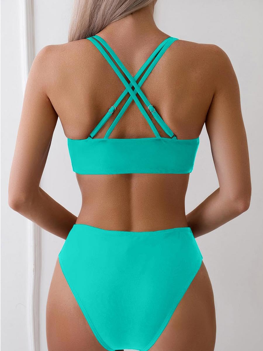 Joligiao Mujer Bikini Sexy Traje de Baño 2 Piezas Cuello en V Bikinis Brasileño con Triángulo Bañadores Bikini Top y Braga Cintura Alta Conjunto de Bikinis Playa - 4