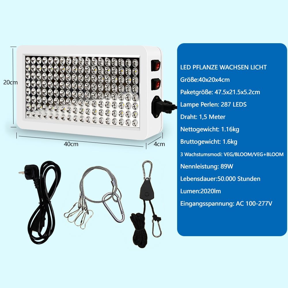 YW2000 jardín espectro completo llevó la luz de crecimiento de la planta 287 LEDs lámpara de crecimiento para el interior cultivar tienda plantas semillas Veg floración Phyto (blanco)