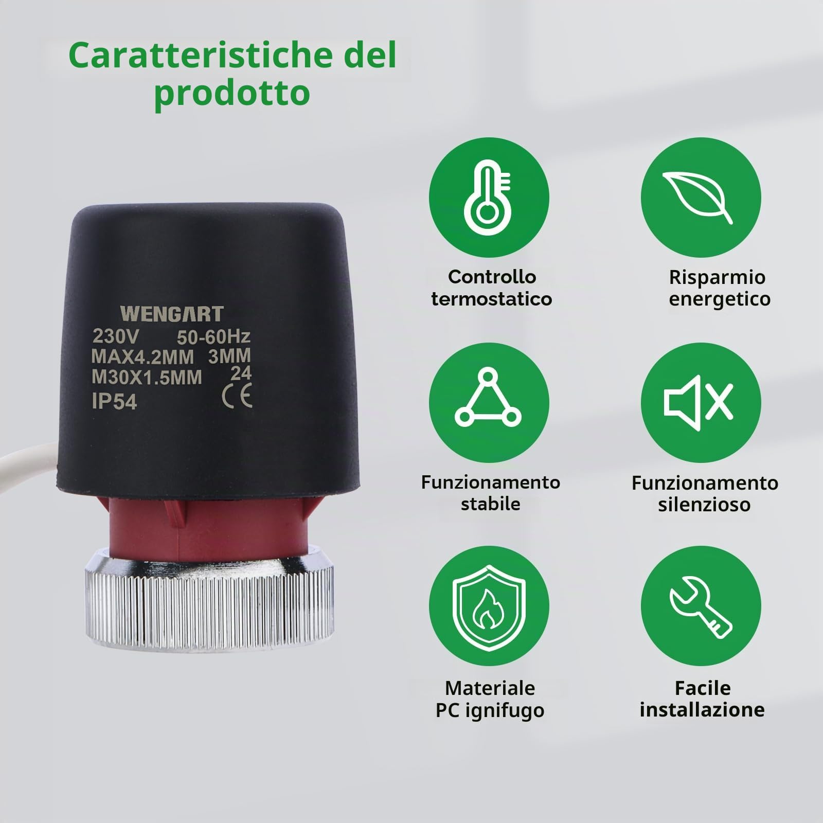 Attuatore per Riscaldamento a Pavimento Wengart WG905, Normalmente Chiuso AC230V 2W M30*1,5 2 Fili Adatto per Sistemi HVAC e Sistemi di Acqua Calda