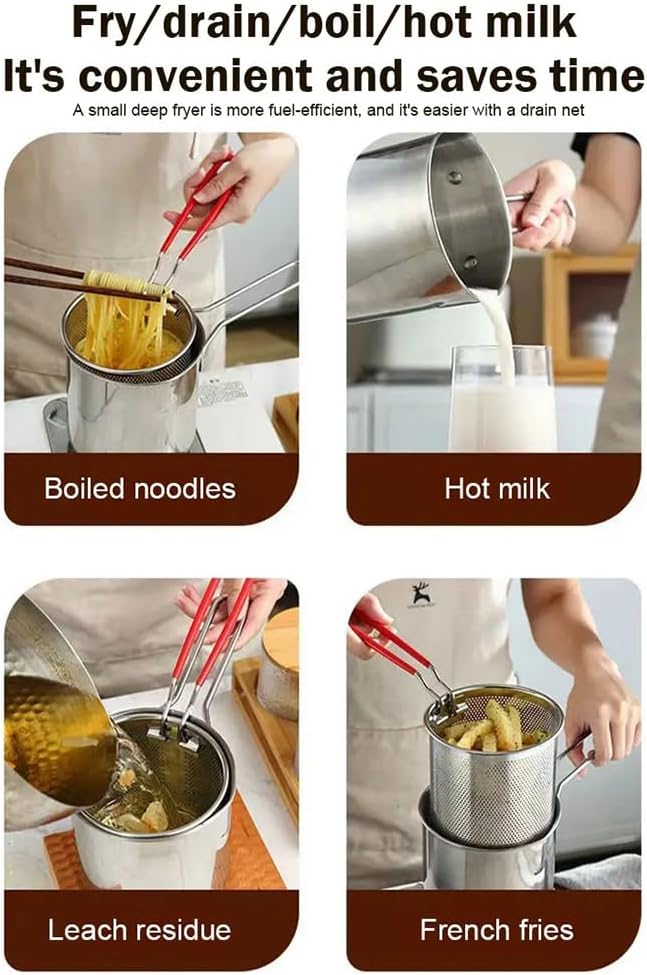 304 Stainless Steel Deep Fryer Pot, Camping Multifunctional Cooker, Portable Outdoor/Home Deep Fryer with Busket & Lid, Small Pot for Singles, Kitchen Utensil for 1 Person,A