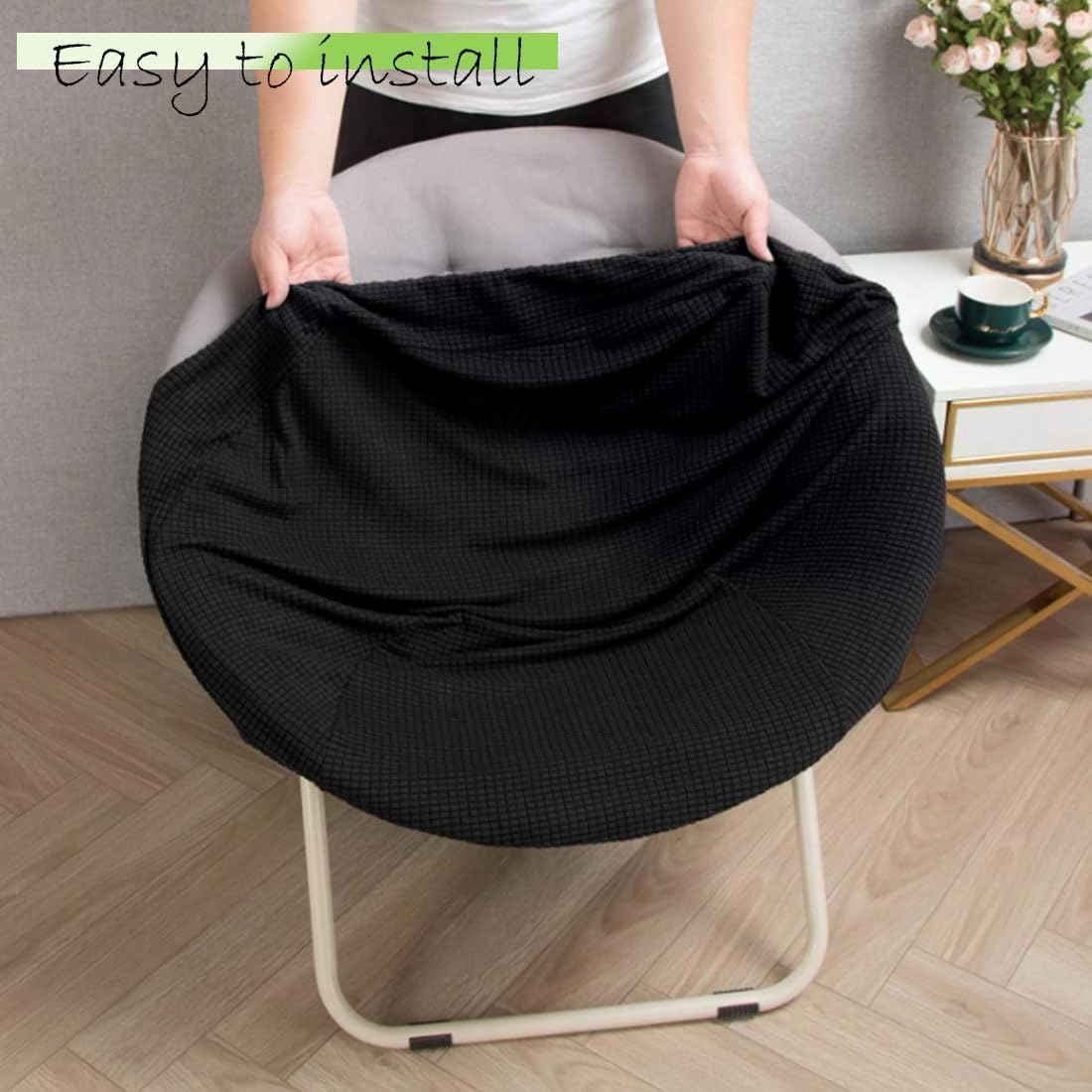 Stretch Round Saucer Chair Cover - Jacquard Slipcover for Moon Chair, Foldable and Cozy Protector for Bedroom, Black