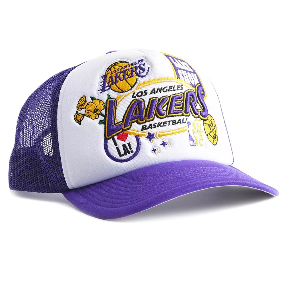 Mitchell & Ness LA Los Angeles Lakers Gorra de camionero frontal de espuma, sombrero ajustable, morado y blanco, Púrpura, blanco, talla única