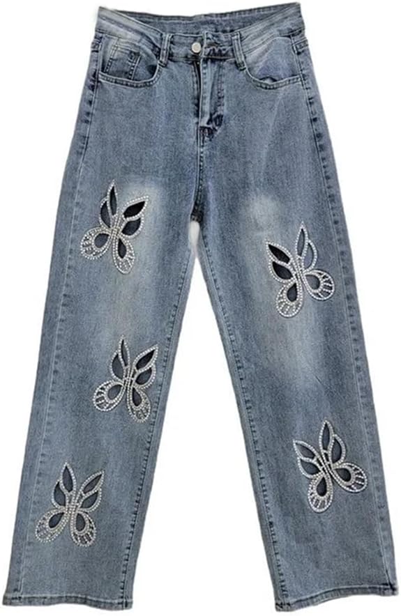 Women's Jeans High Waist Straight Butterfly Shape Hollow Out Rhinestone Denim Trousers