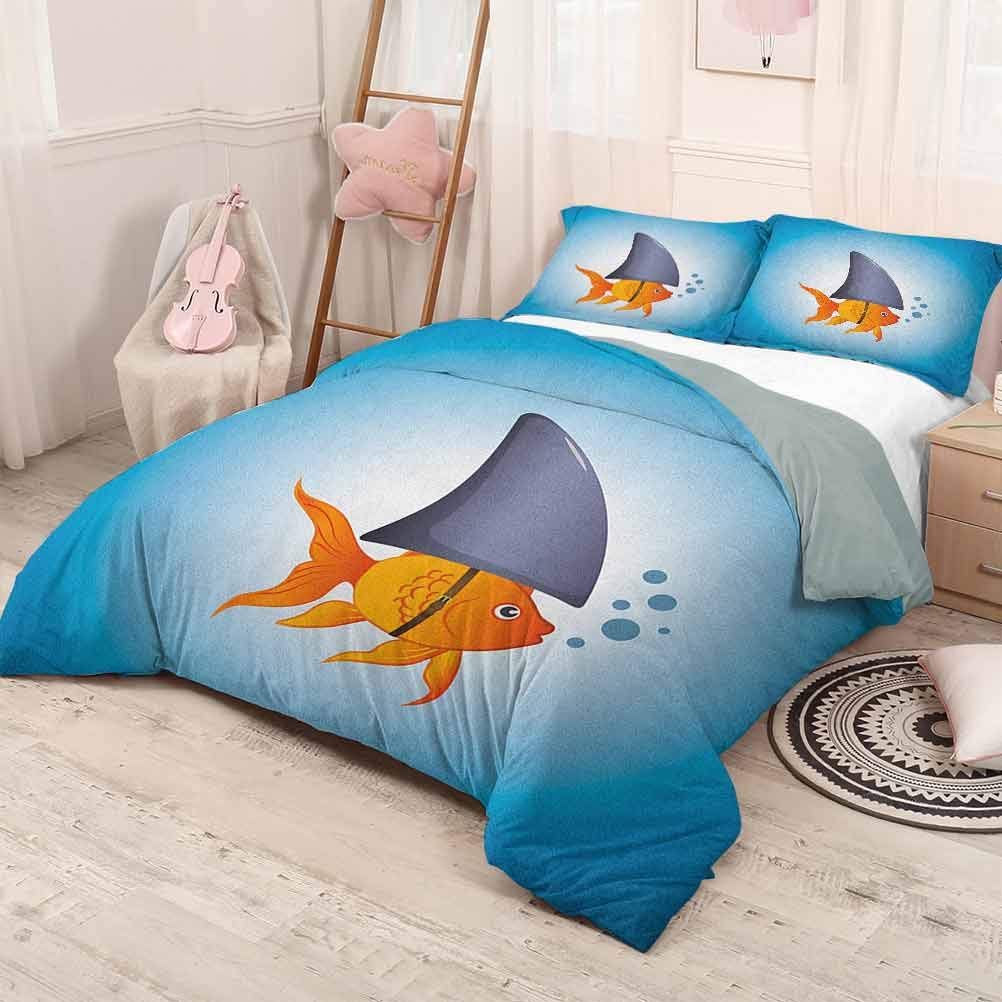 prunushome Shark Bedding Quilt SetLittle Goldfish Wearing A Shark Fin to Scare Predators Success Concept Good Choice as a Gift Violet Blue Grey Orange 80x90in/20x30inx2